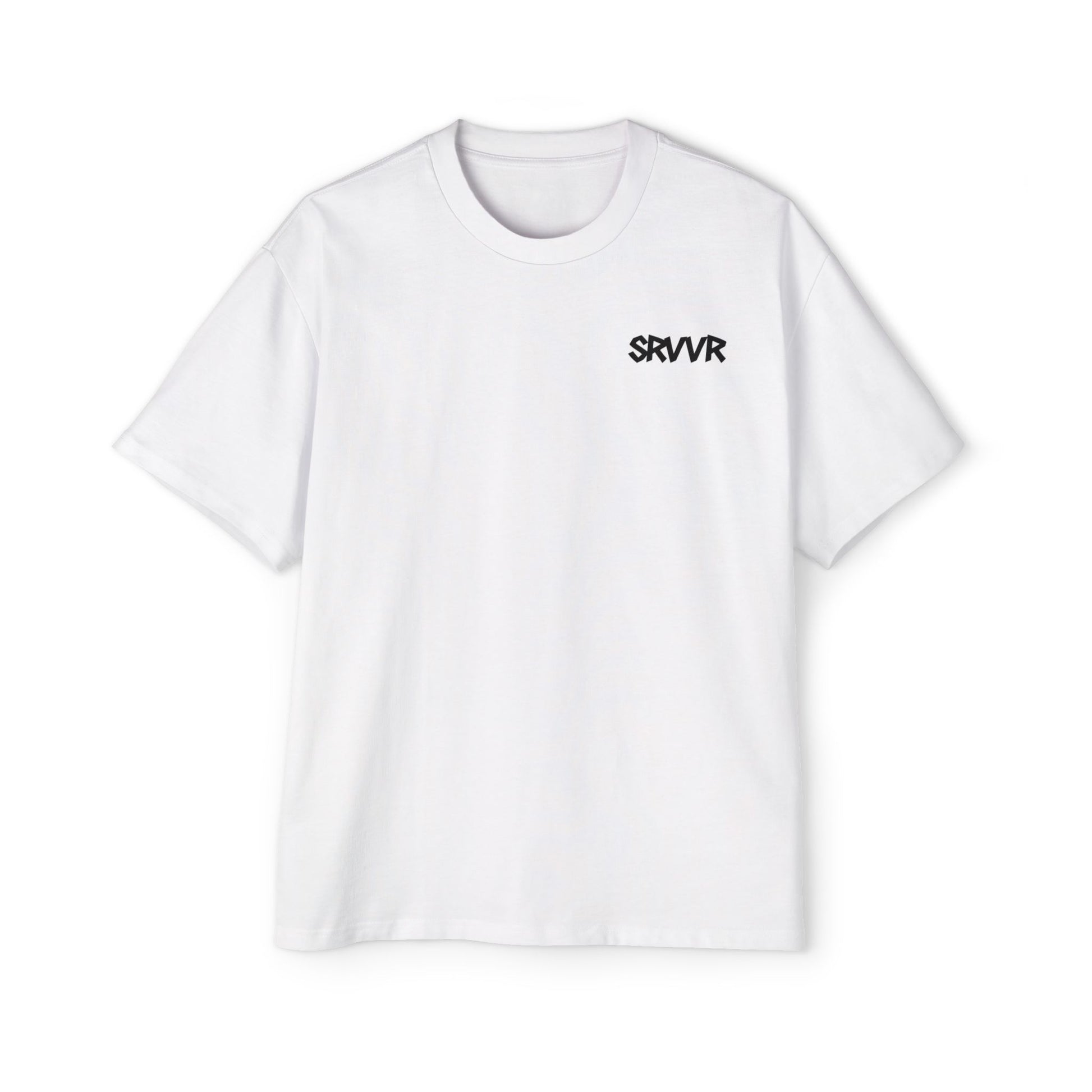 White t-shirt with black logo on a white background