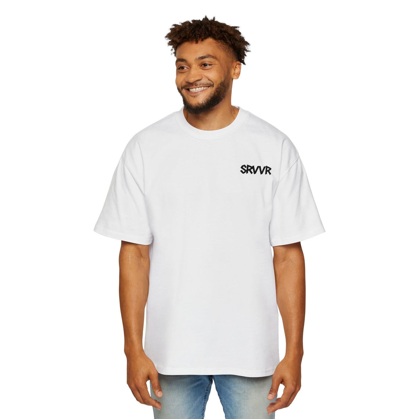 Man wearing a white t-shirt with 'SRVVR' logo on a white background