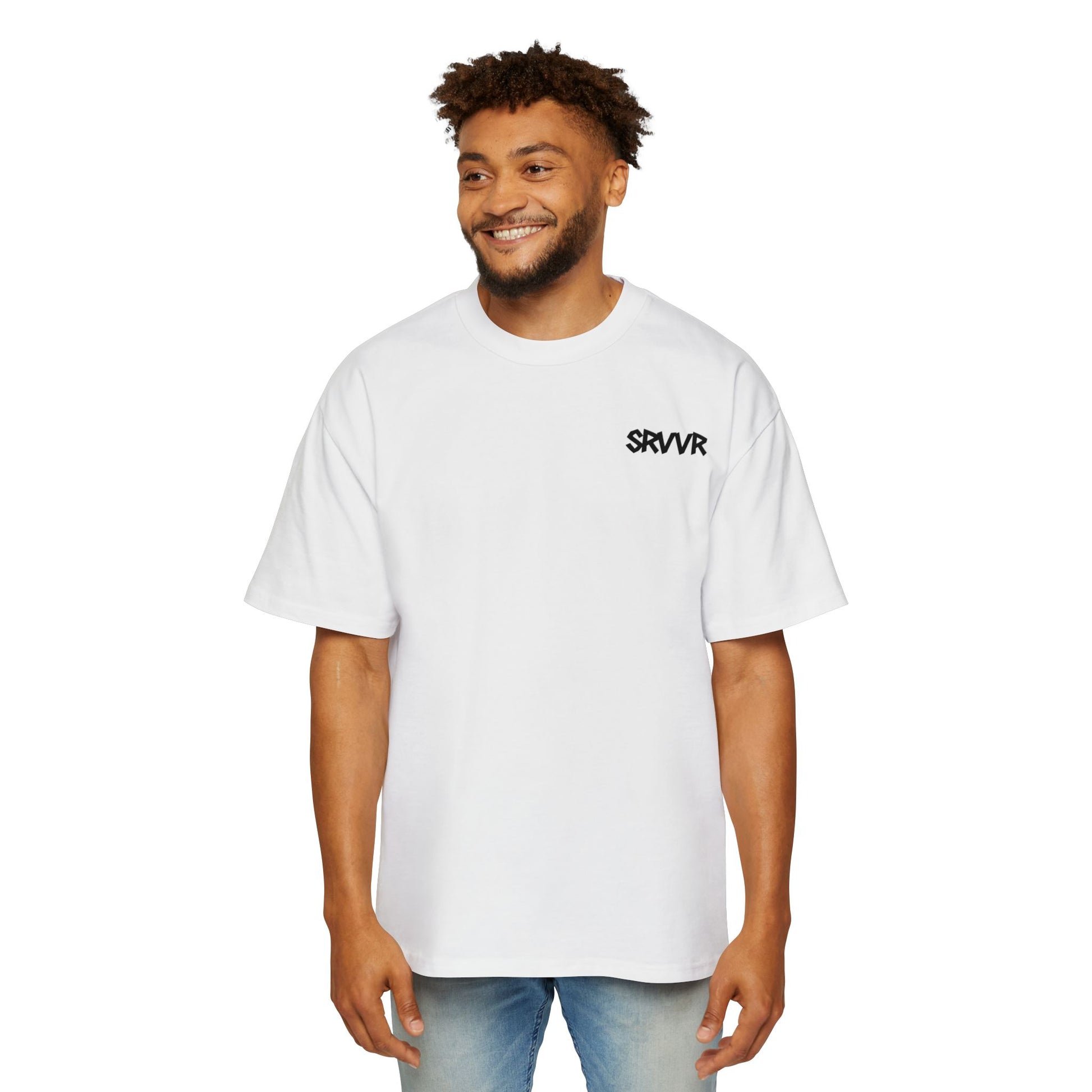 Man wearing a white t-shirt with 'SRVVR' logo on a white background